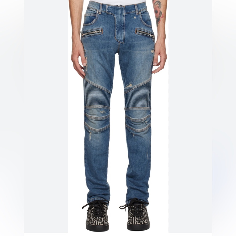 Balmain Blue Skinny Jeans with Distressed Details